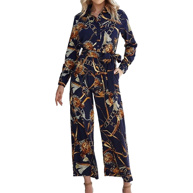 women's Jumpsuit Button Print Print Shirt Collar Elegant Street Daily Regular Fit Long Sleeve Navy Blue S M L Spring n96c#-image-761476764
