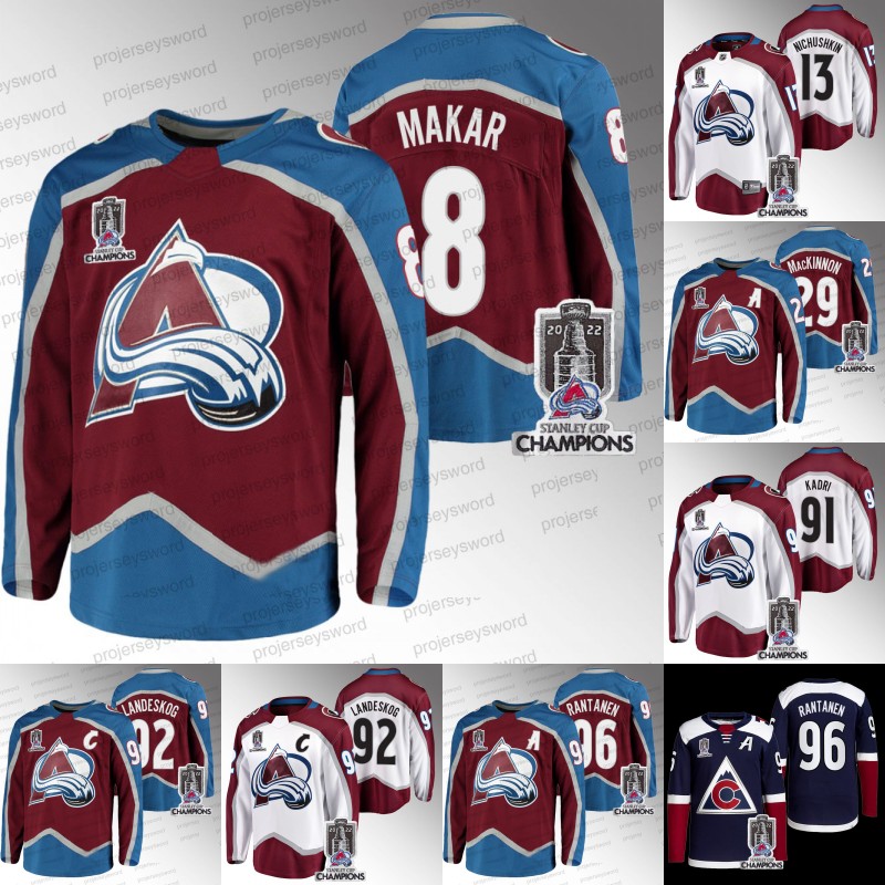 

Colorado Avalanche Cale Makar Jerseys 2022 Stanley Cup Champions Valeri Nichushkin Nathan MacKinnon Darcy Kuemper Nazem Kadri Gabriel Landeskog Mikko Rantanen, 29 red