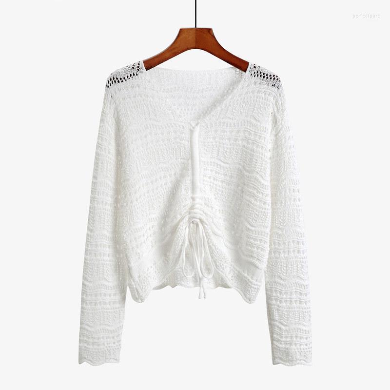 

Women's Sweaters 2022 Spring And Summer V-neck Hollow Drawstring Sweater Mesh Beach Top Breathable Pullover Perf22, Purple pink