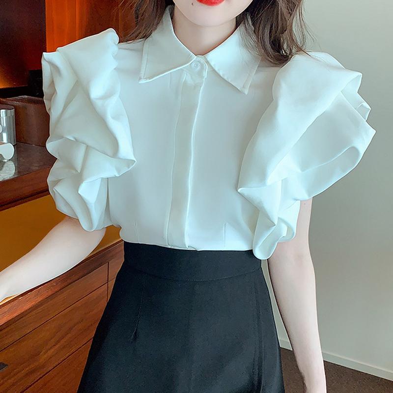 

Women' Blouses & Shirts Korean Version Summer Loose Petals Comfortable Bubble Short-Sleeved Solid Color All-Match Fashion Chiffon Lining Wo, White