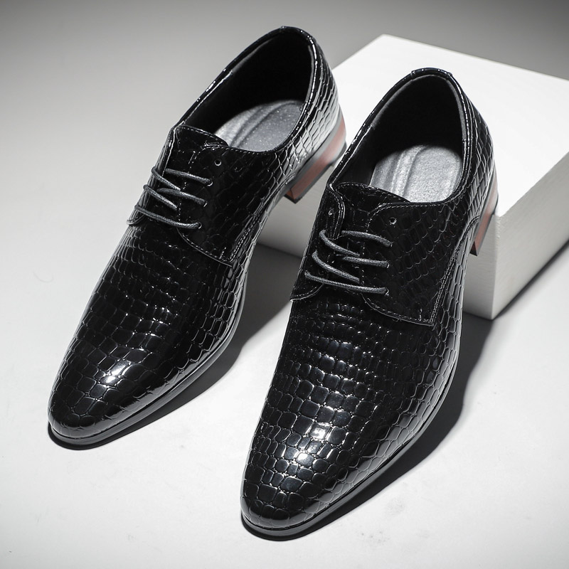 Derby Shoes Men Solid Color PU Leather Trend Fashion Everyday Banquet Party Pointed Toe Lace Up Crocodile Pattern Classic Gentleman Dress Shoes D