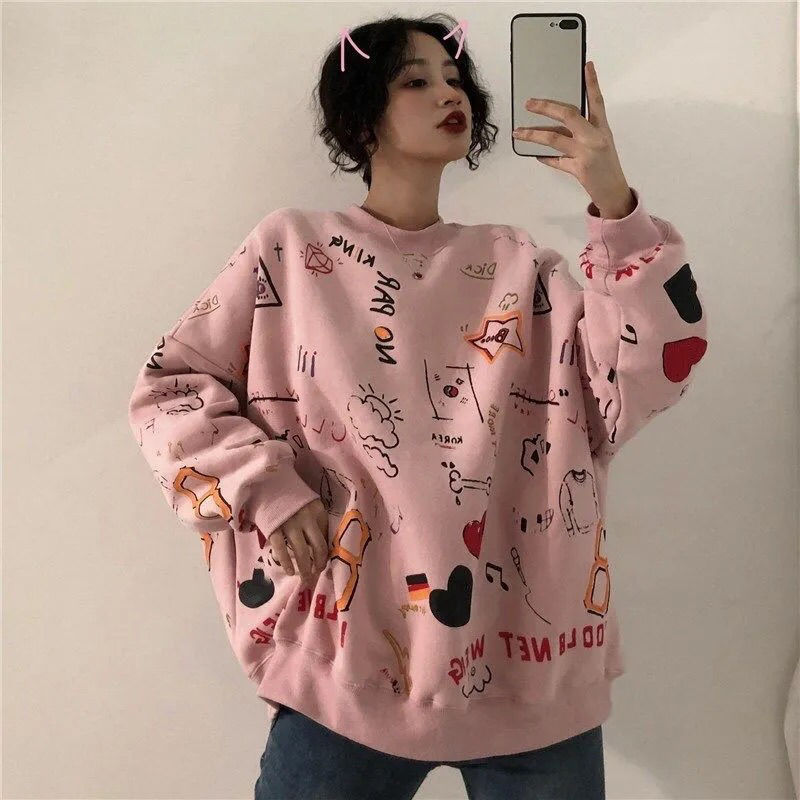 

Women hoodie Korean Preppy Style Cute Cartoon Print O-Neck Large yard Leisure Cartoon Loose Pullovers Hooded sweatershirt, Blue