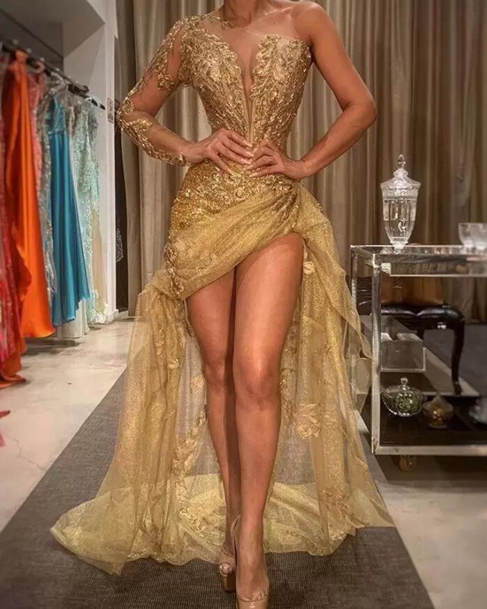 

Gold One Shoulder Lace Mermaid Prom Dresses 2022 Long Sleeves Tulle Applique Ruched Floor Length Evening Gowns vestido de festa BES121, Hunter