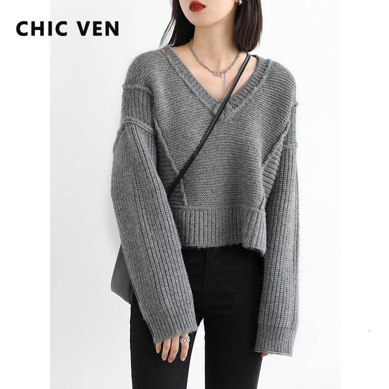 

Women's Sweaters CHICVEN Stitching Woman Knitted Sweater Two Side Wear V-neck Short Loose Warm For Women Pullovers Jumper Autumn Winter, White;black