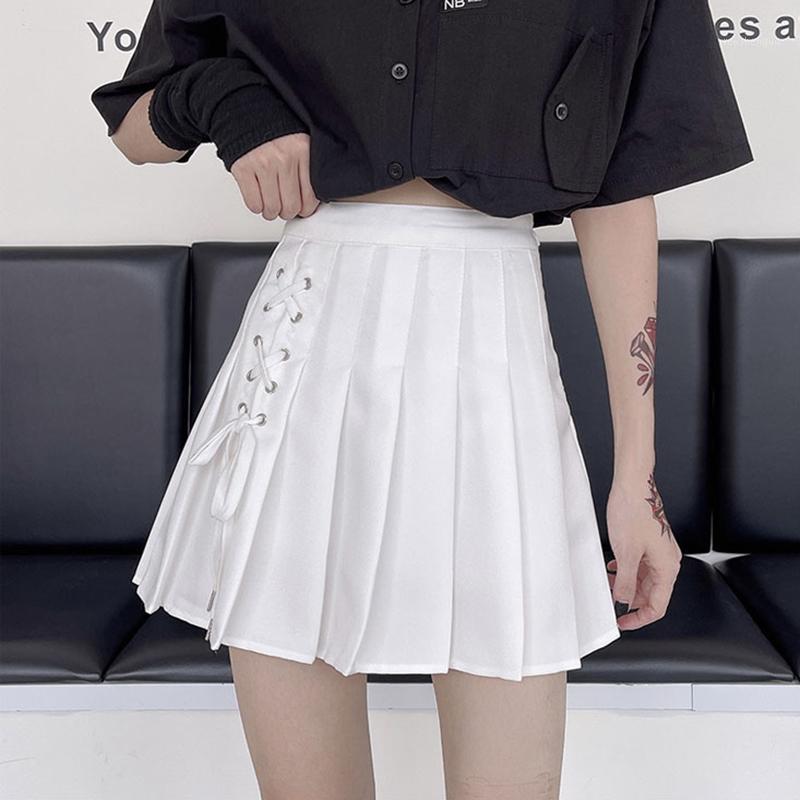 

Skirts 2-color Strappy Pleated Skirt Women Summer Streetwear High Waist Short Female Plus Size Mini Mujer, Black
