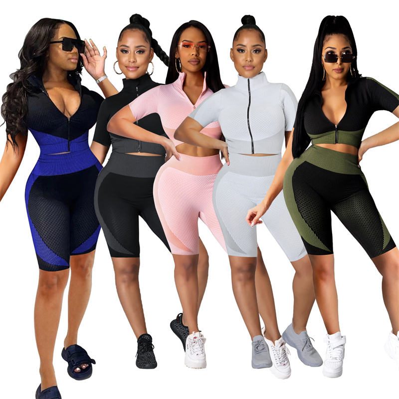 

Women Tracksuits summer clothes cycling yoga wear zipper gym sweatshirt shorts sportswear Cardigan crop top leggings outfits jacket vest capris bodysuits 02224, Black