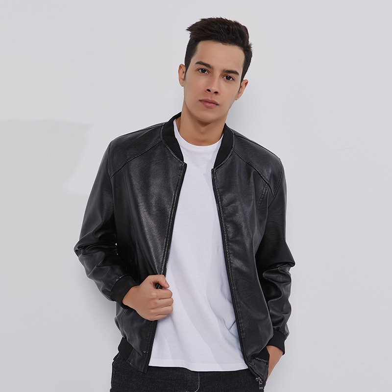 

Men's PU Leather Bomber Jacket h7y6#, Black