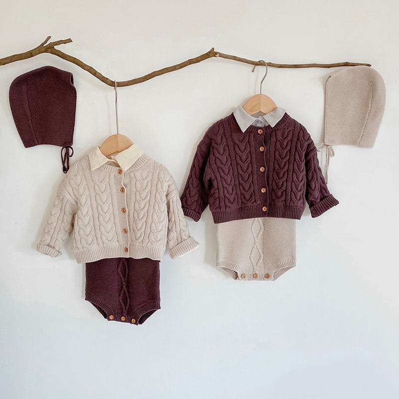 

Jumpsuits Baby Girl Shirt Clothes Autumn Spring Rompers Girls Set Braces Romper Knit Coat SetJumpsuits, S030 purple hat