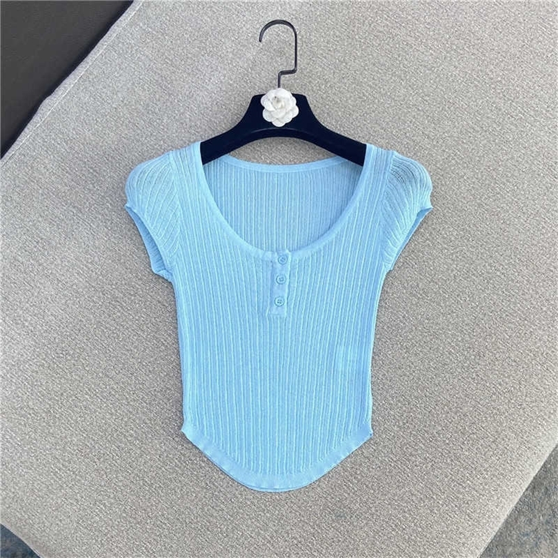 

DEAT summer fashion women clothes round neck short sleeves thin see throw pullover slim short T-shirt WR68405 210709, Blue