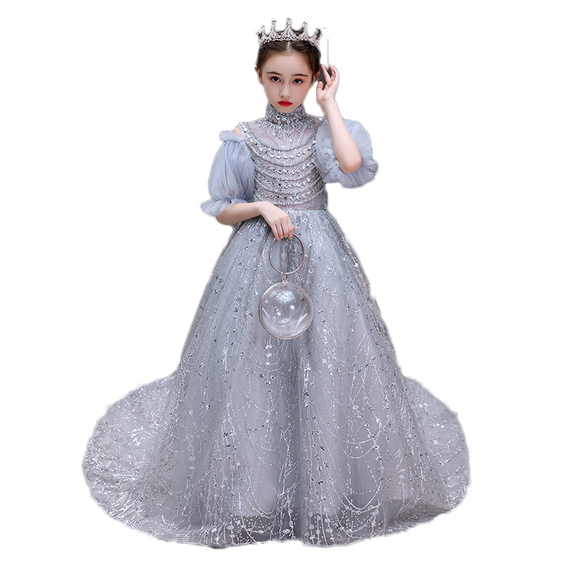 2022 paillettes dentelle robes de fille de fleur pour le mariage Vintage bijou manches courtes une ligne filles Pageant robe balayage train enfan