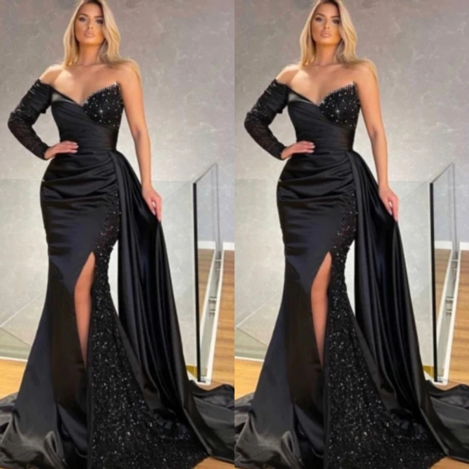 

2022 Black Sequins One Shoulder Evening Dresses Sweetheart Long Sleeve Floor-length Split Front Mermaid Prom Gowns with Train B0613X02, Silver