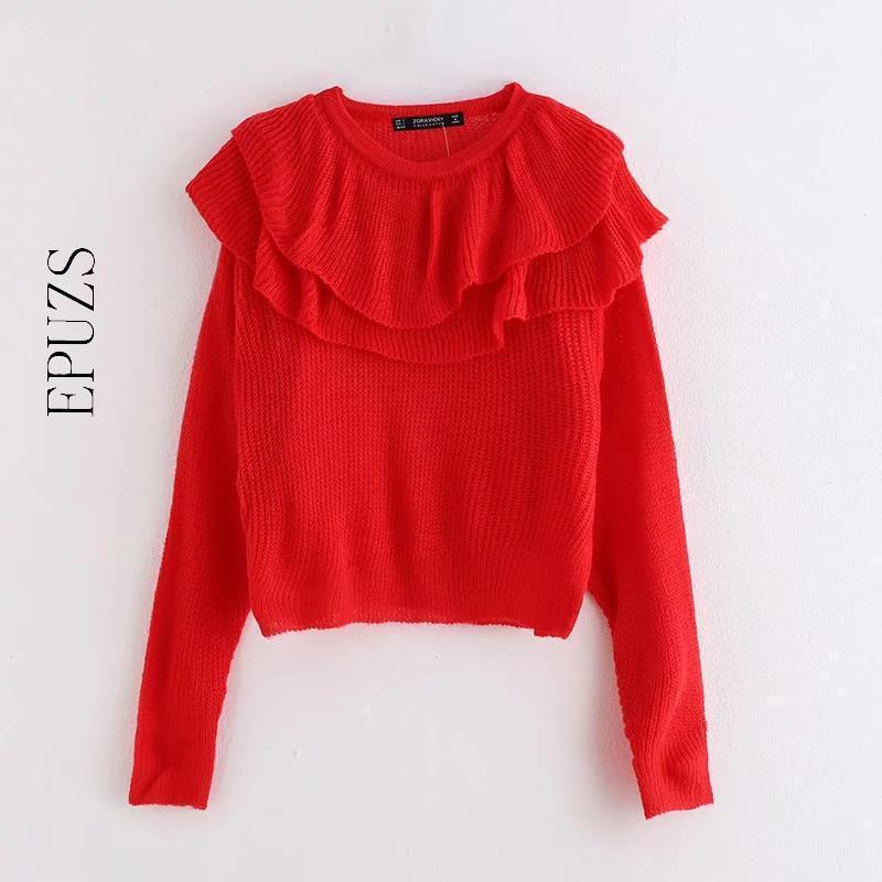 

Sweet Red Knitted Sweaters Women Pullover Long Sleeve Crop Sweater Casual Ruffles Korean Warm Knitwear1, White;black