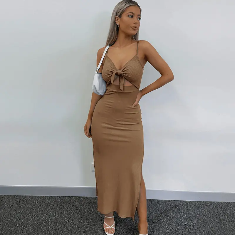 

Casual Dresses New Lace-up Cut-out Dress Knitted Simple Sleeveless Sling Dresses for Women, Brown