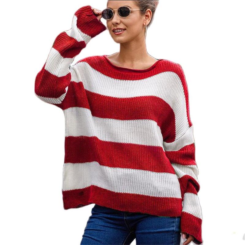 

Women' Sweaters Spring/Autumn 2022 Europe-USA Style Pullovers Women/Girl Round Collar Edge Striped Splicing Long Sleeve Loose Kniting Sweat, Green