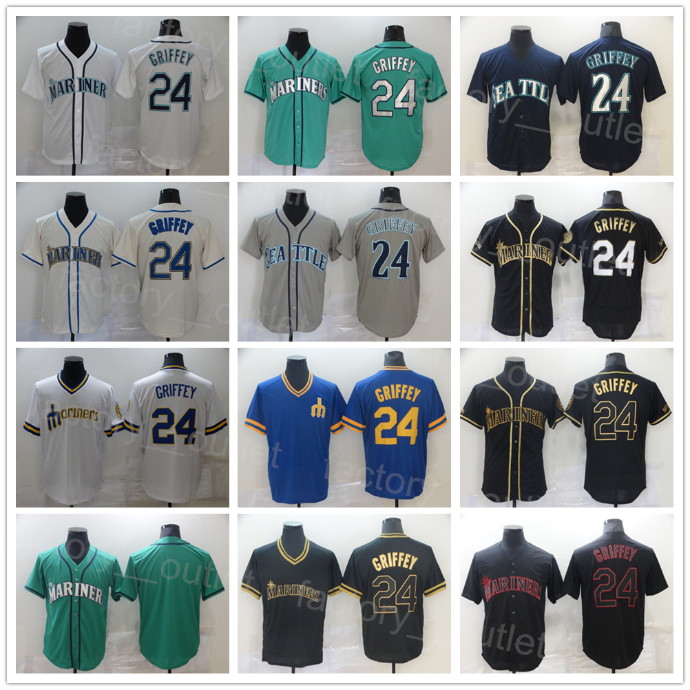 Hommes Baseball 24 Ken Griffey Jersey Pull Vintage Flexbase Cool Base Cooperstown Broderie Et Couture Pour Les Fans De Sport Respirant Vert Blanc