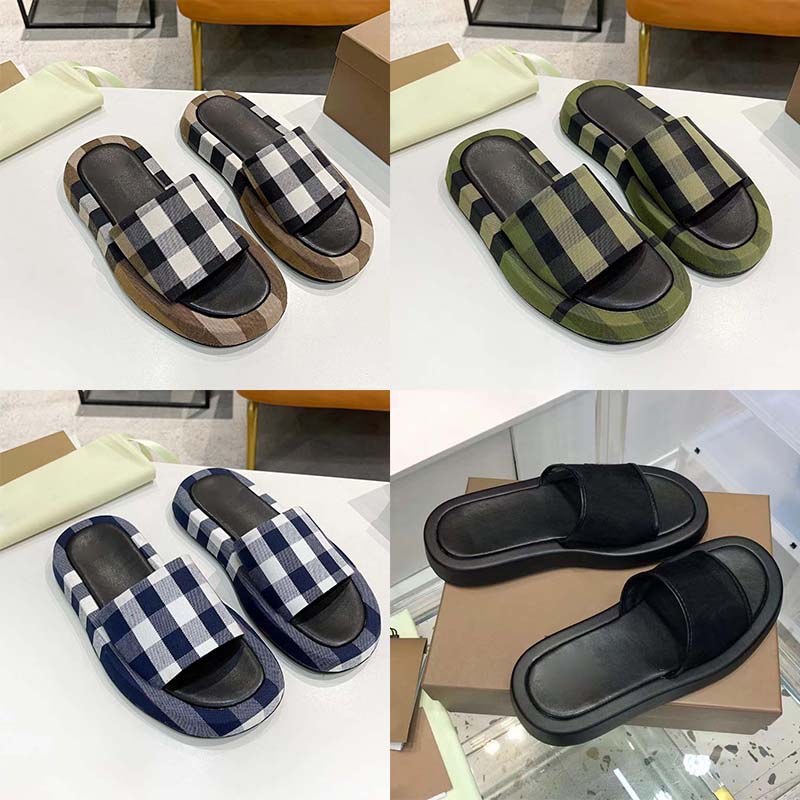 

Designer Slippers Men Plaid Slippers Embroidered Mesh Slipper Lattice Slides Platform Sandals Flat Brown Rubber Flip Flops With Box, Blue