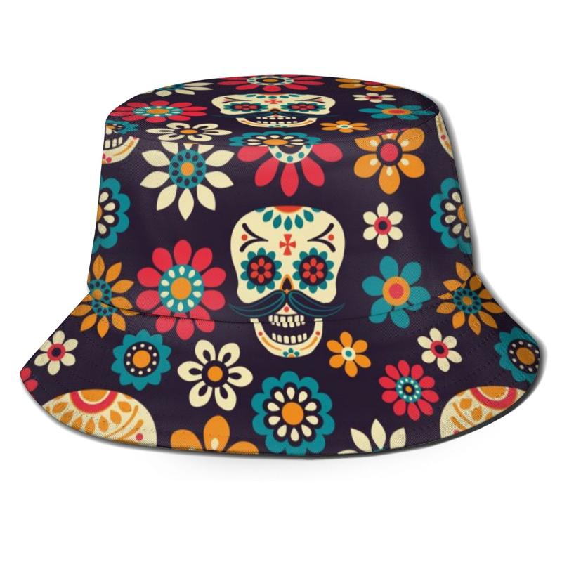 

Berets CINESSD Sugar Skulls And Flowers Day Of The Dead Sun Hat Bucket For Men Women Bob Hip Hop Caps Summer Fisherman Panama, Black