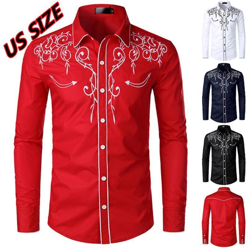

Male Stylish Western Shirt Men Design Embroidery Slim Fit Casual Long Sleeve Shirts Mens Wedding Party Men's, White