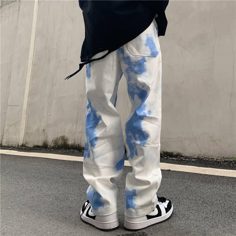 

Men' Jeans Men Casual Hip Hop Loose Trousers Pants Harajuku Graffiti Tie Dye Jean Denim Streetwear Fashion Blue And White JeansMen