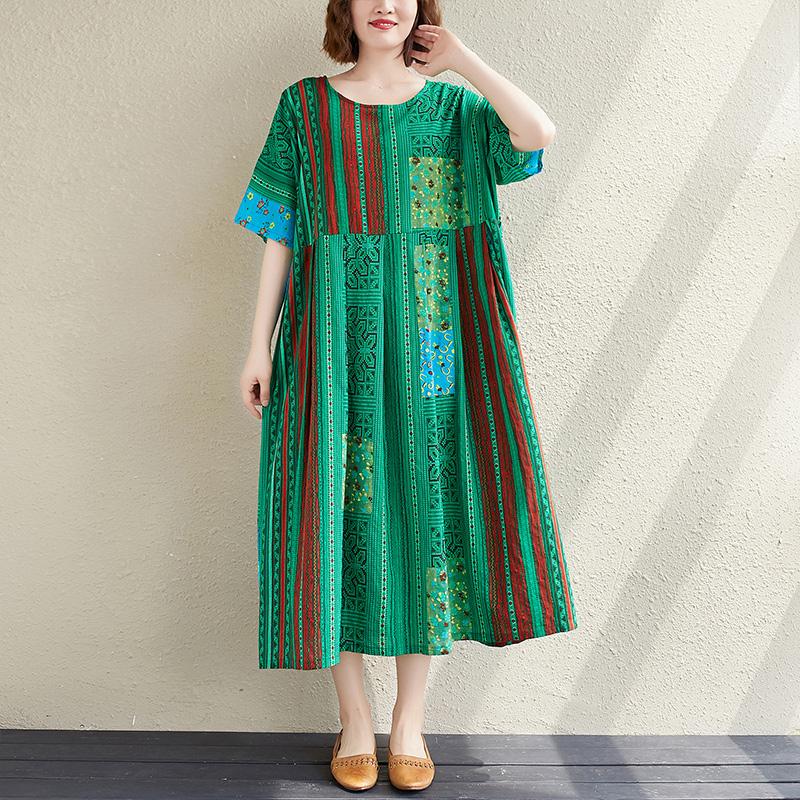 

Plus Size Dresses BIG Summer Women Vintage Elegant Stripe Print Tops Ladies Female Large Long Casual Loose Ruffles Drapped Cotton Dress, Green