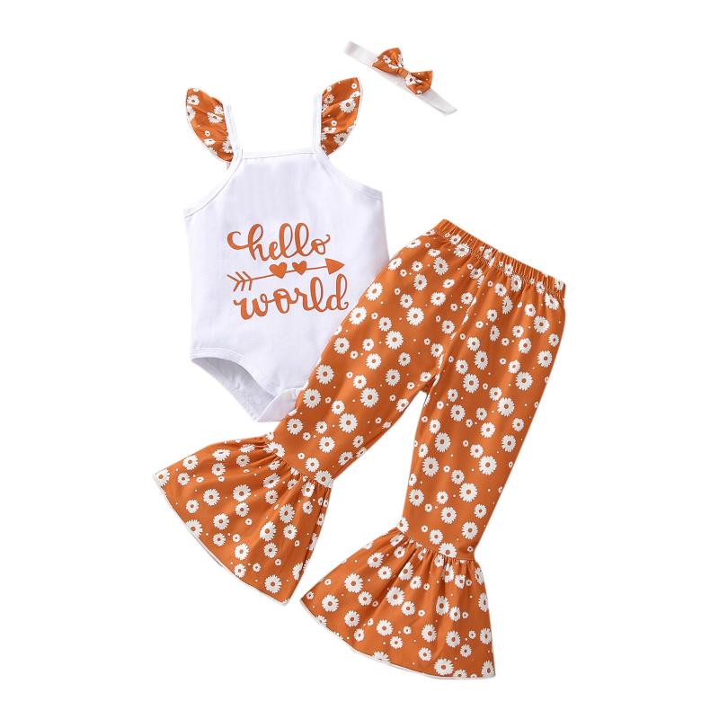 

Clothing Sets Infant Baby Girls Three-piece Layette White Sleeves Romper Daisy Print Bell Bottom Trousers And HeaddressClothing ClothingClot, As pic