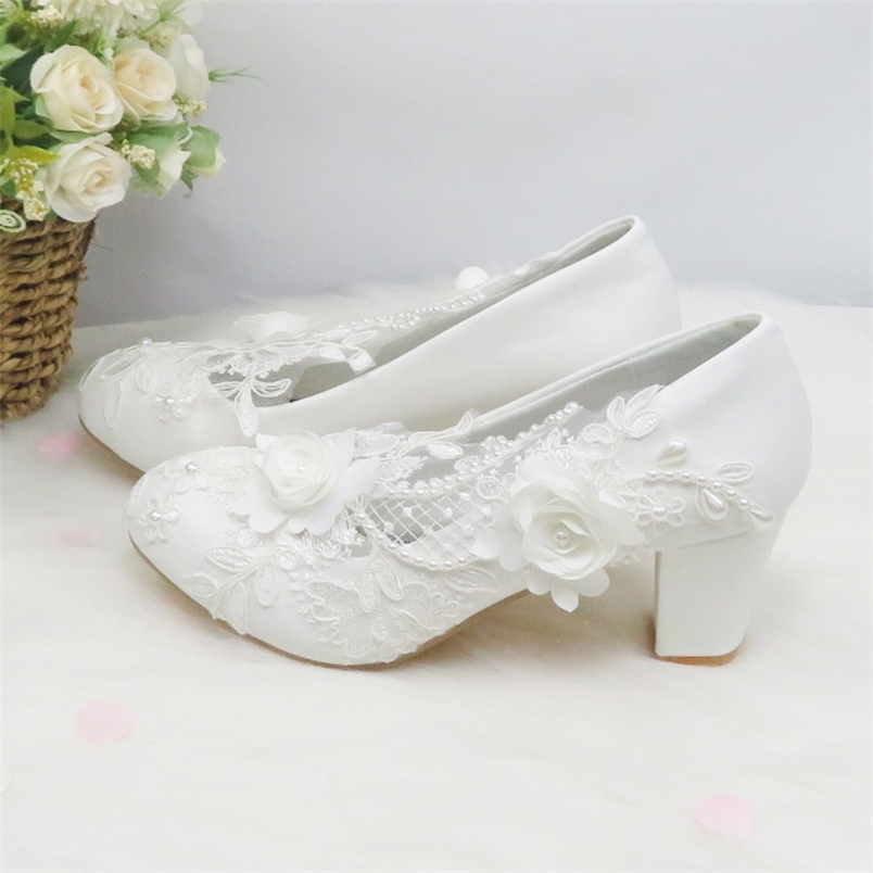 

Love Moments arrival white lace Handmade Bridal shoes women Pumps heel woman White flower Wedding Bride 220614, 5cm a