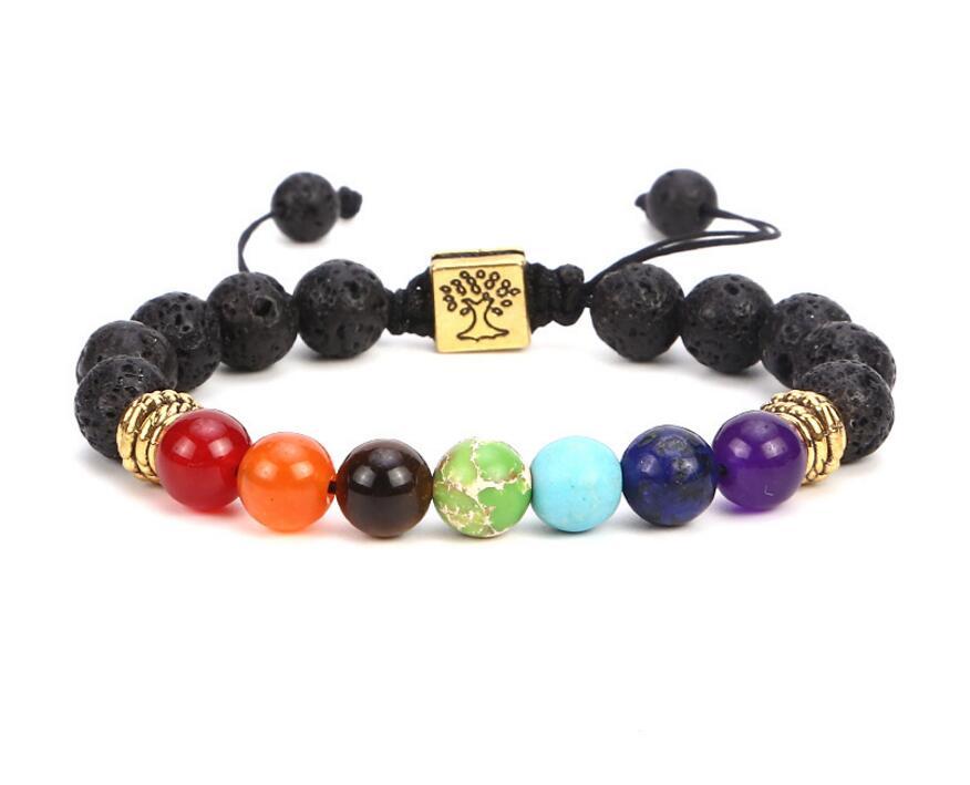 

New Hand-made Natural Stone 7 Reiki Chakra Healing Balance Beads Bracelet Lava Diffuser The Tree Of Life Rosary Beads Bracelets Yoga Jewelry