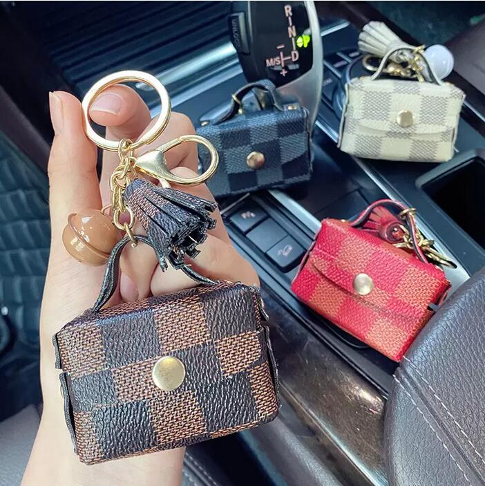 

Brown Plaid Keychains Rings PU Leather Tassel Headphone Case Car Keyrings Cute Coin Bag Pendant Charms Fashion Jewelry