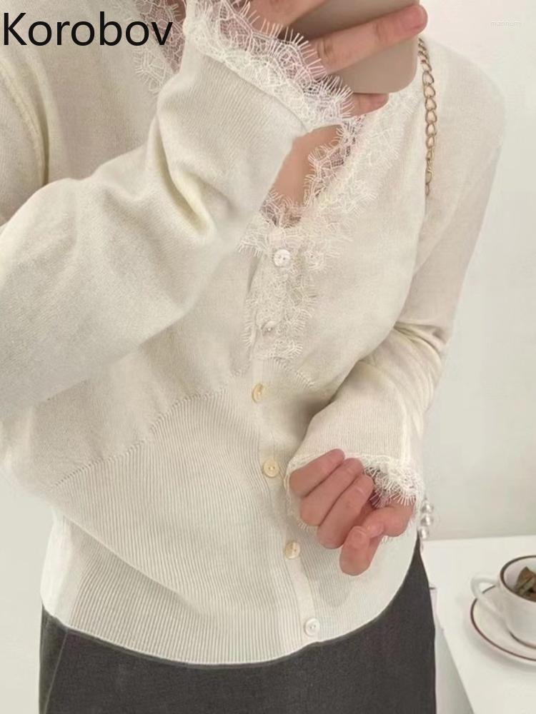 

Women's Knits & Tees Korobov Korean Fashionable Knitting Tops Women Temperament Lace Splicing Sweater Vintage V Neck Thin Cardigan Sueters D, Black