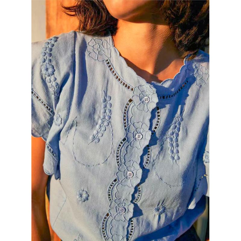 

Women' Blouses & Shirts White Or Blue Women' Cotton Blouse Embroidery Hollow Out O-neck Single Breasted Sweet Chemise 2022 Summer Ladi