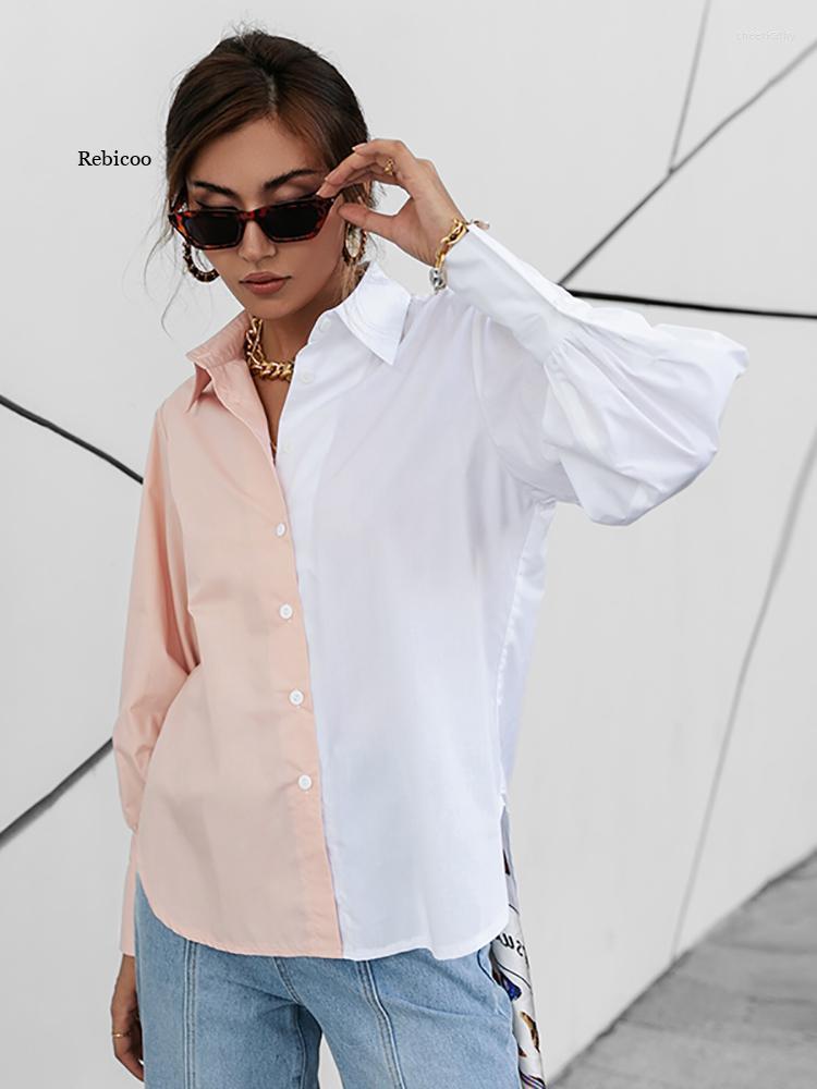 

Women's Blouses & Shirts Autumn Color Block Casual Women Blouse Solid Cotton Lapel Collar Office Lady Shirt Full Lantern Sleeves Female TopW, Green
