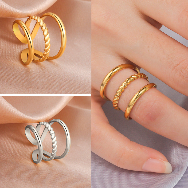 

Stainless Steel Jewelry Rings For Women Gold Plated Link Chain Geometric Twisted Wide Band Open Adjustable 220716