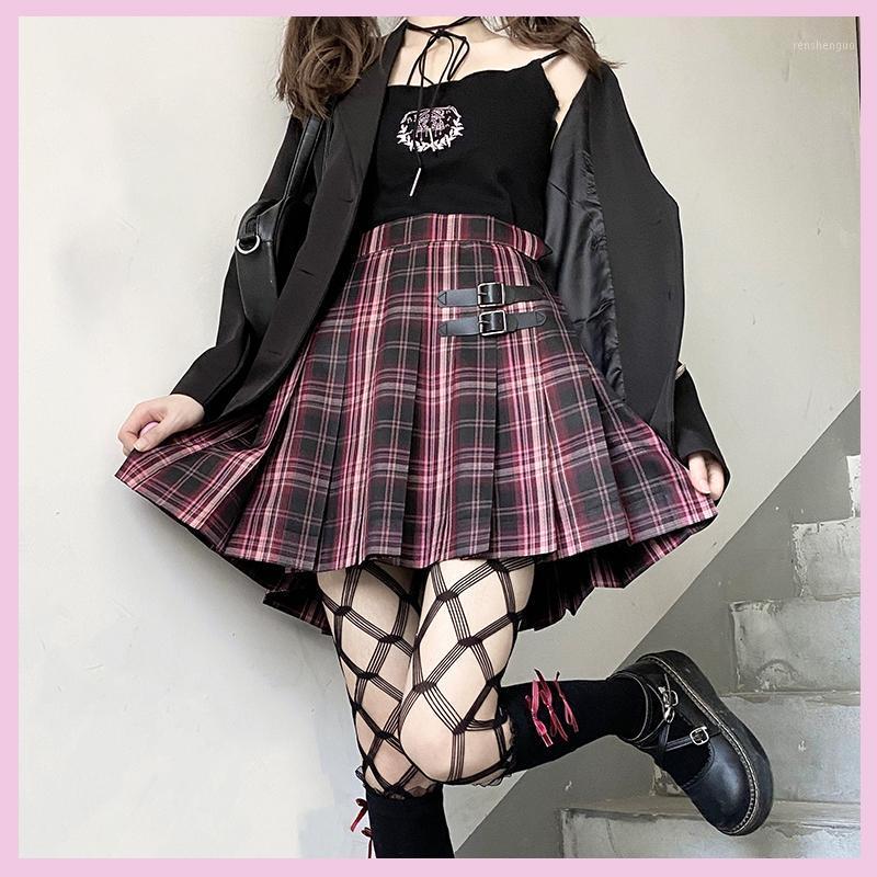 

Skirts [ Red Moon ] Cosplay Dance Plaid Skirt Female School JK Uniform Pleated High Waist Leather Button Women, Knee length skirt
