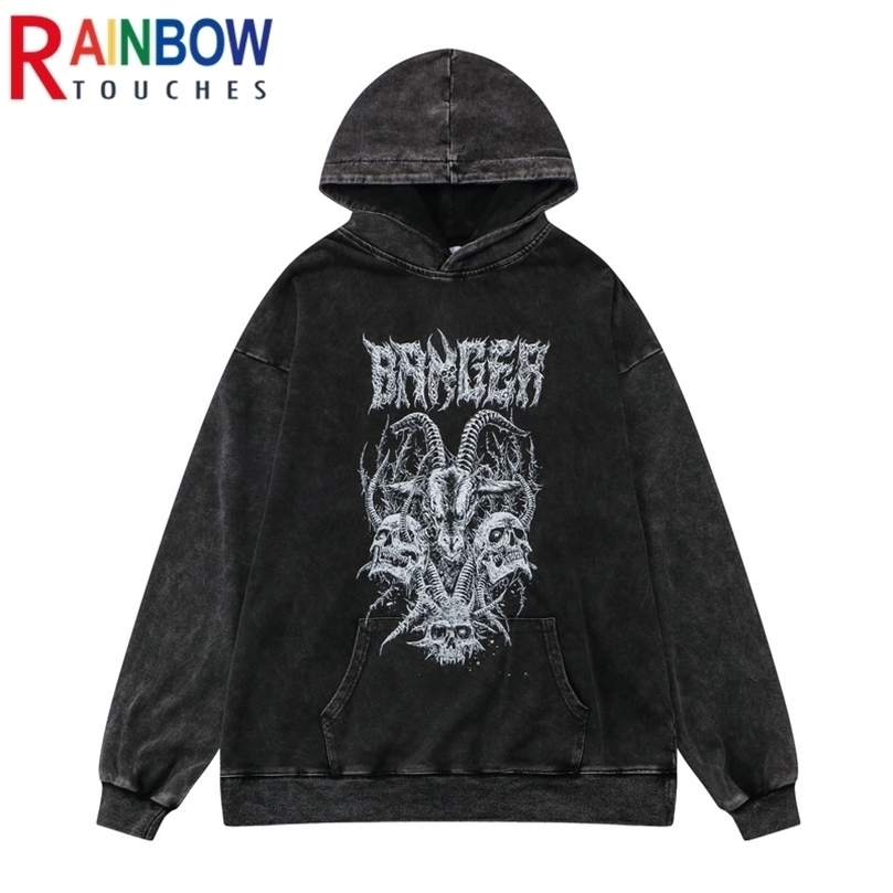 

Rainbowtouches Washed Hoodie Mens High Street Fashion Skull Graphic Hoodies Hip Hop Anime Style Coat Unisex Superior Quality 220402, Black