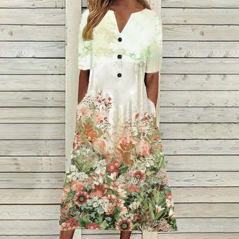 

Party Dresses Floral Printed Summer Long Dress Women V Neck Short Sleeve Vintage Elegant Casual Loose Beach Boho Vestidos, Pk