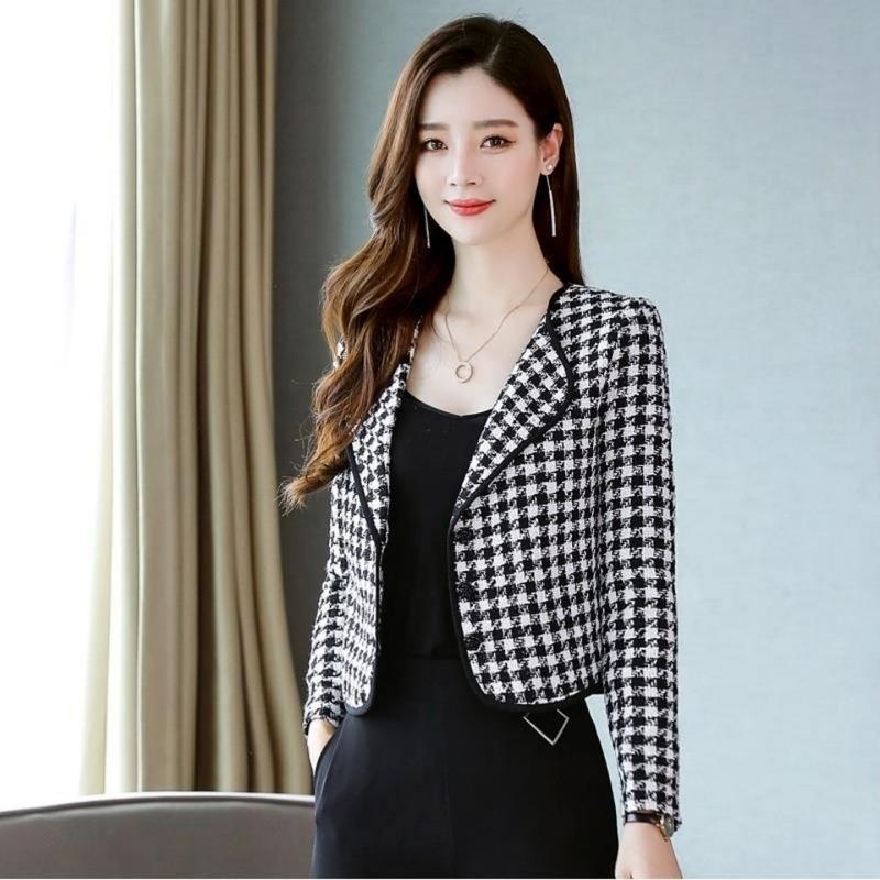

Women' Jackets Houndstooth Vintage Tweed Jacket Coat Spring And Autumn Fashion High Street Black Woolen Short Outerwear E308Women' WoWomen