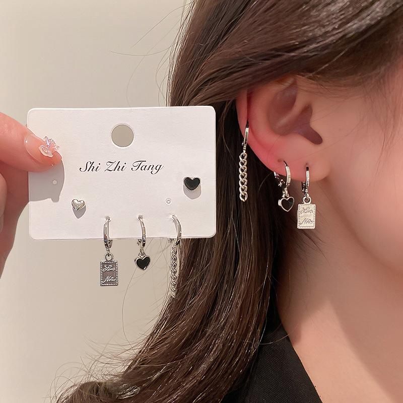

Dangle & Chandelier Love Chain Square Earrings For Women Fashion Small Ear Buckle 6 Pieces Set Of 2022