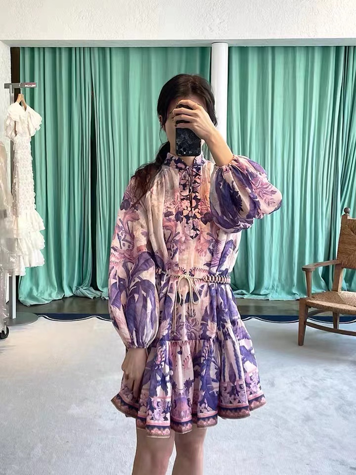 

Australian Brand 2022 Summer Season Dress Holiday Style V-neck Ramie Mini Dress Long-Sleeve Floral Printed Purple Branded With Tags and Labeled, Lavender