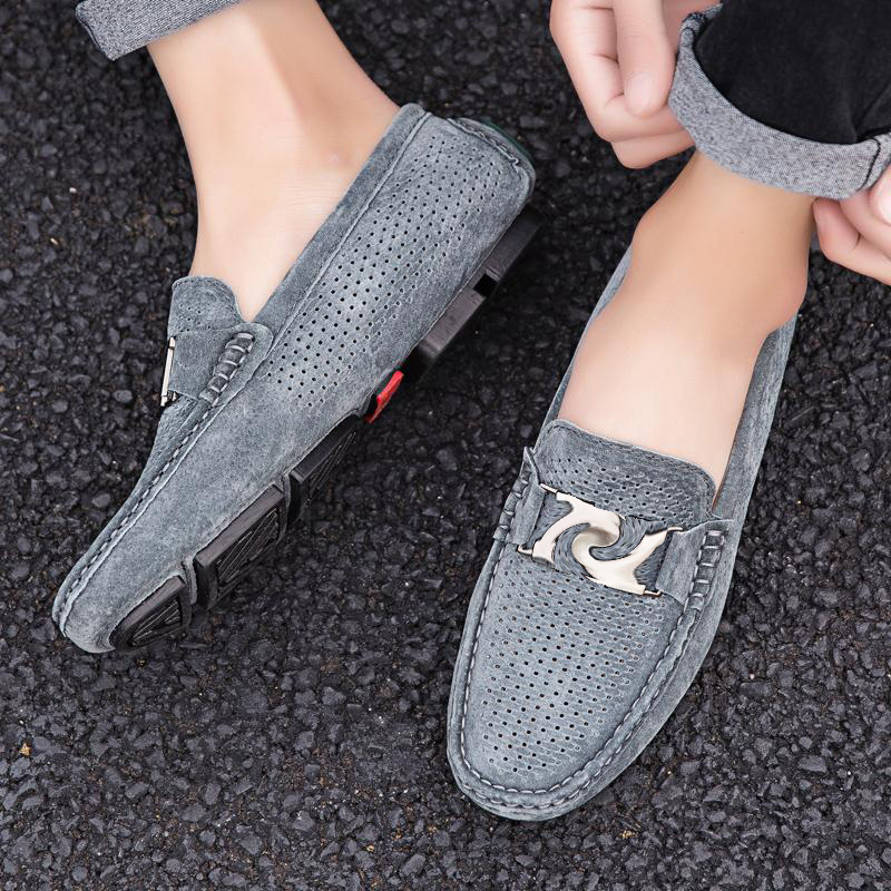 

Summer New Loafers Men Shoes Faux Suede Solid Color Fashion Trend Metal Buckle Hollow Comfortable Breathable Soft Bottom Loafers HM458-1, Clear