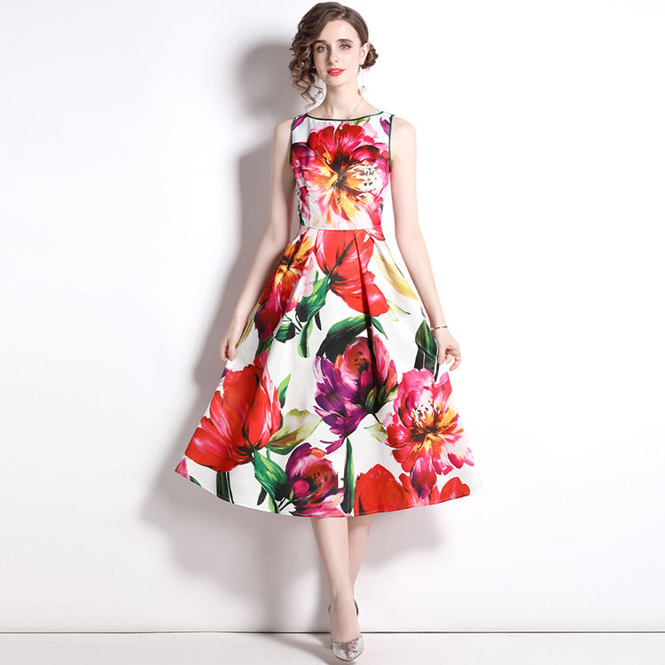 

JUNLINNA Fashion Floral Printed Women Dresses Summer New O-Neck Sleeveless Wasit Sliming Midi Expansion Vestidos, As picture