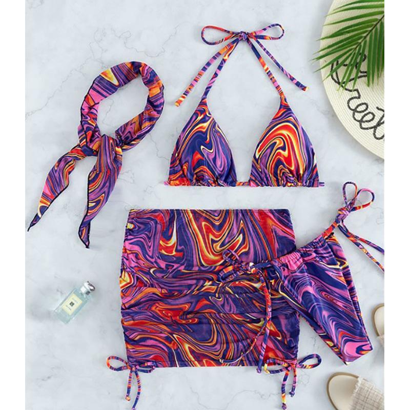

Women' Swimwear Miyouj 2022 Wave Print Swimsuit Sexy Bathing Suits 4 Piece Bikinis Beach Sarong Micro Thong Women Bandage Beachwear, Pk1