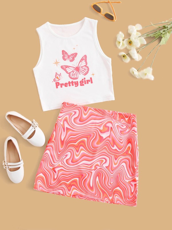 

Teen Girls Slogan & Tank Top & Marble Print Skirt Set SHE, Multicolor