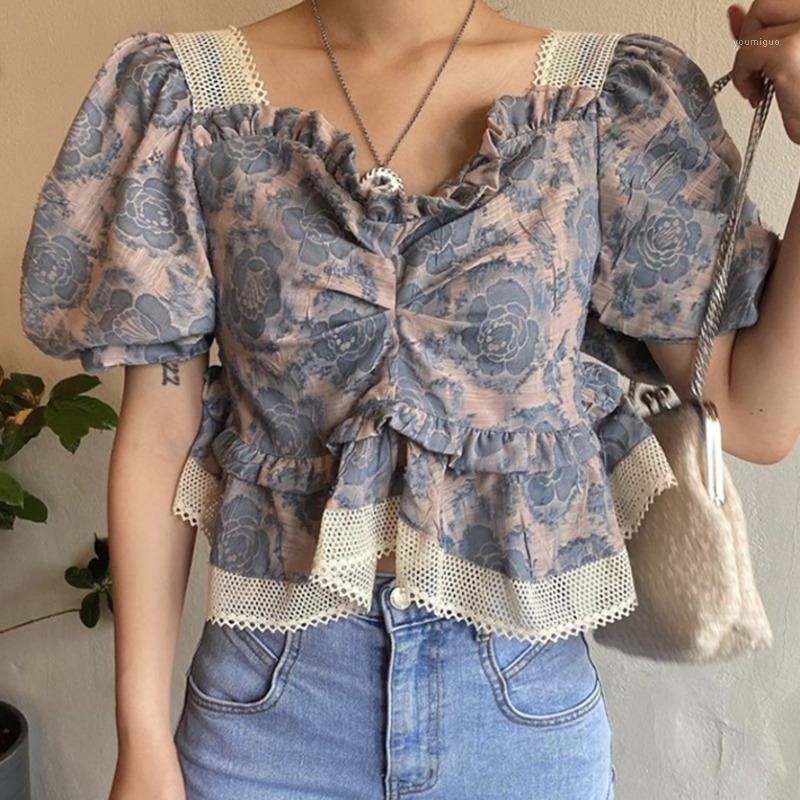 

Women's Blouses & Shirts [EWQ] Korea Chic Casual Trendy Women V-neck Printed Lace Stitching Loose Fashion Puff Sleeve Shirt Top Summer 2022, Picture color