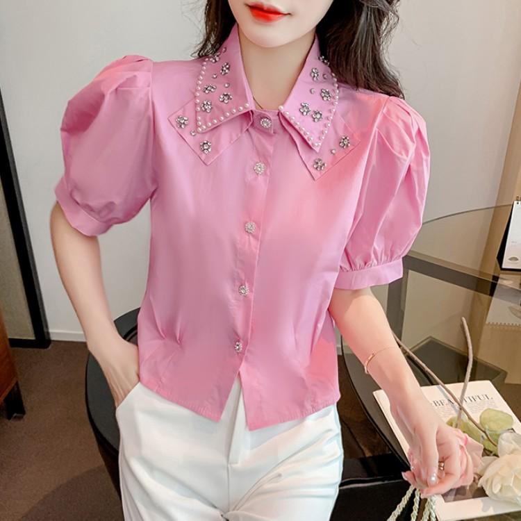 

Women' Blouses & Shirts Summer Korean Fashion Sweet Diamond Lapel Puff Short Sleeve Ladies Tops Vintage Solid Color Cotton Blusas MujerWome, Pink
