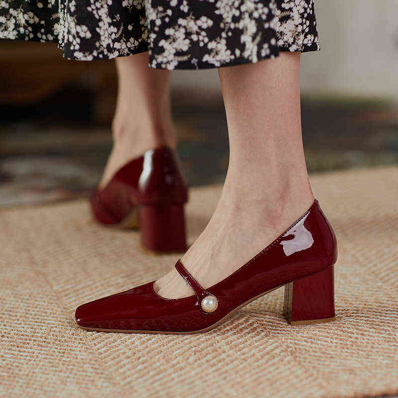 

Dress Shoes Temperament Leather Women Early Spring New Wine Mary Jane Thick Heel Single Banquet 220714, Apricot.