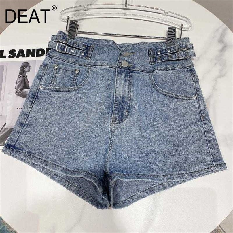 

DEAT Summer Women Style Fashion High Waist Double Belt Buckle Decoration Straight Casual Denim Shorts RD594 210709, Blue