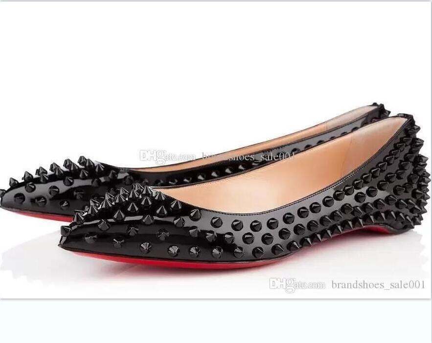 

With Box Patent Leather Pointed Toe Flat Shoes Slip On Casual Shoes Size 34-42 Rivets Red Bottoms, 3#