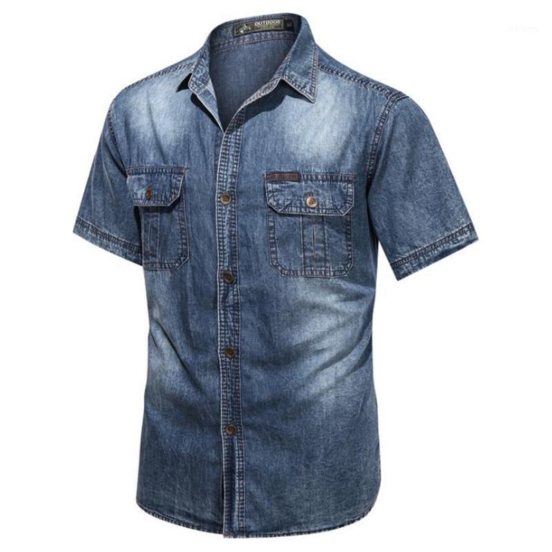 

Men's Casual Shirts Men Denim Shirt Spring Summer Short Sleeve Slim Fit Man Jeans Cowboy Cotton Blouse For Male Tops, Light blue