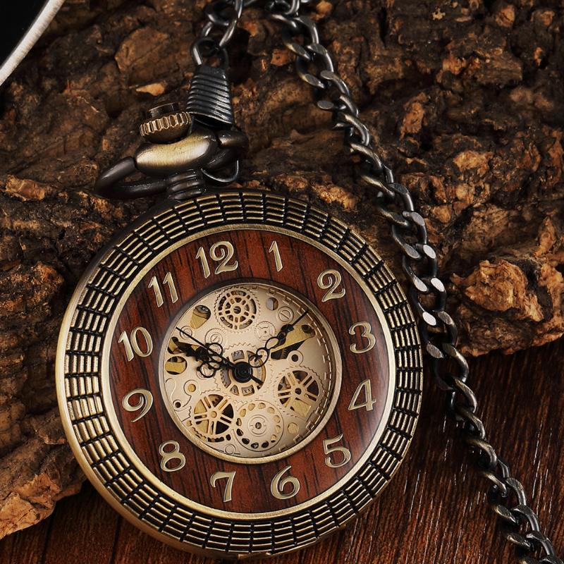 

Pocket Watches Bronze Retro Mechanical Unique Wood Circel Gear Dial Men Engraved Fob Hand Wind Steampunk Clock Women Box Reloj, Slivery;golden