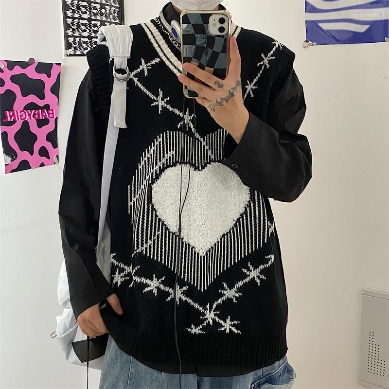 

Men' Vests Fashion Retro Heart-shaped V-neck Woolen Vest For Men And Women Harajuku College Style Loose Hip-hop Sweater Spring Autumn Kare2, Black